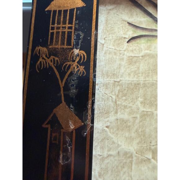 Vintage Asian Art Lacquered Panel Hand-Painted Scene Parrot Butterflies & Grapes - Picture 8 of 10